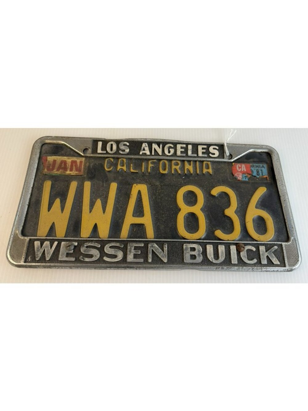 Vtg California Black License Plate WIA 836 w/ Wessen Buick LA Dealer Frame